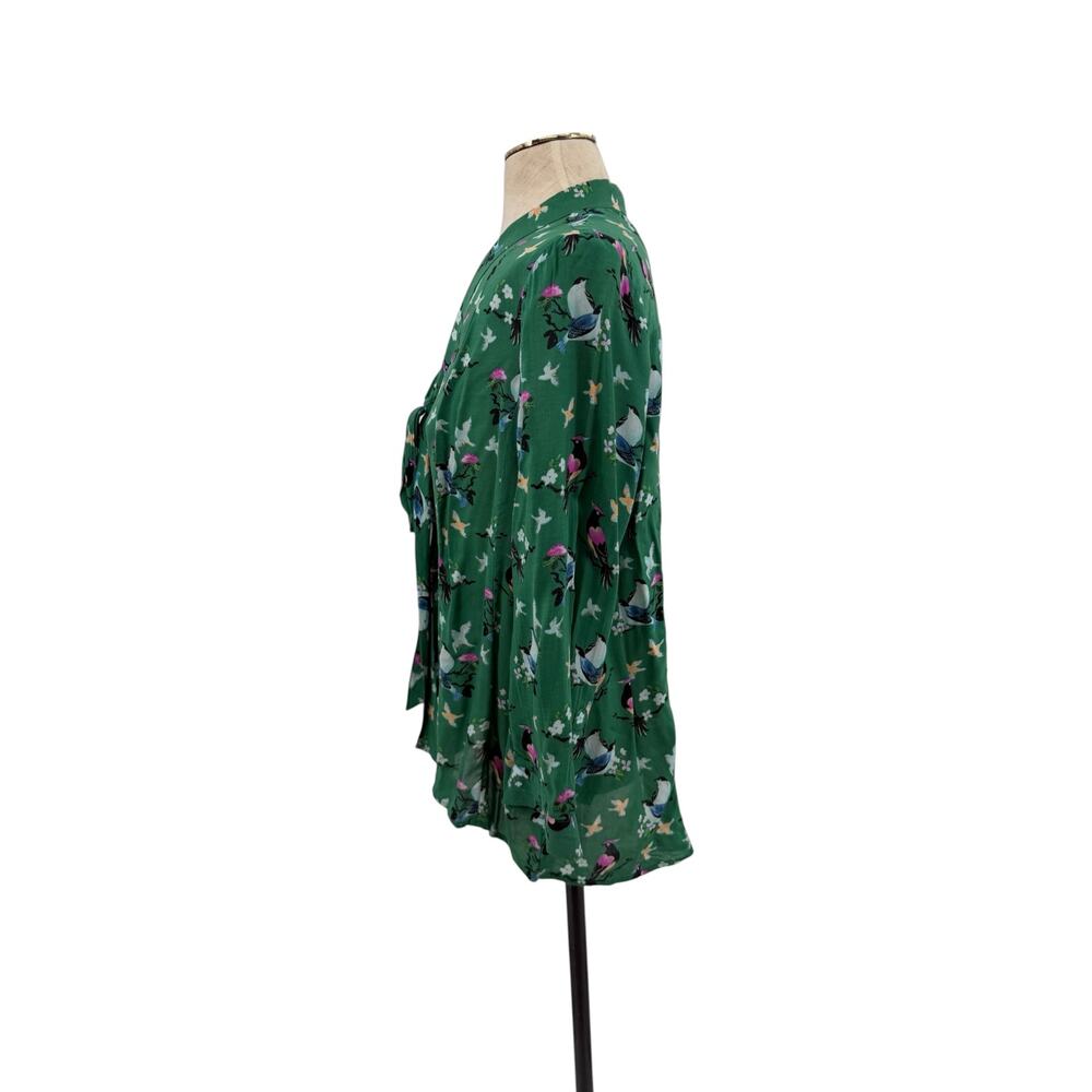 Anthropologie 20 of 52 Conversations Bird Print Tie Neck Blouse Green Size 12 - Picture 6 of 11